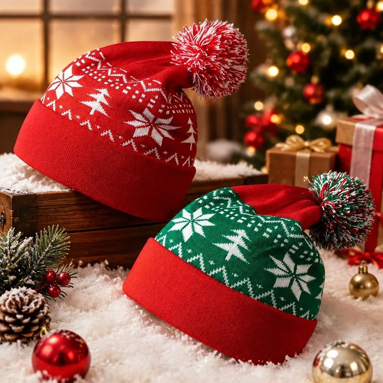 Christmas Knit Hat Women Men Winter Warm Pom Pom Beanie Snowflake Xmas Holiday Soft Knitted Skull Cap Adult Family Party Gift