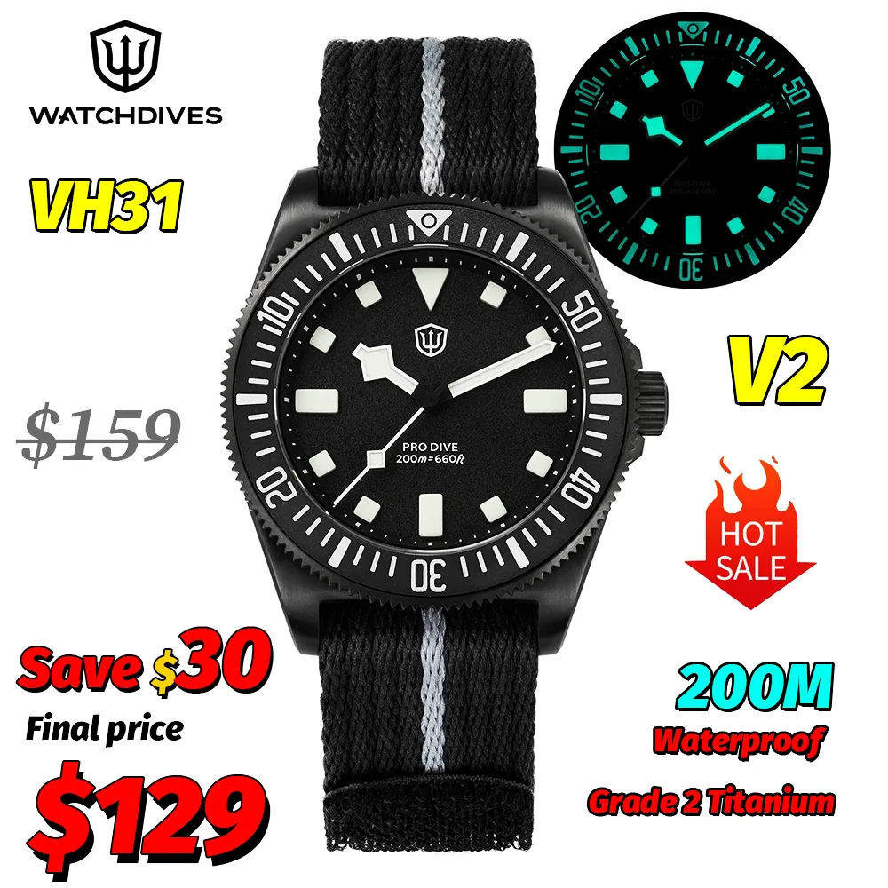 Watchdives EXD V2 Titanium Watch VH31 Sweep Vintage Quartz Watche Sapphire Crystal Luminous 200M Waterproof Luxury Watches Man