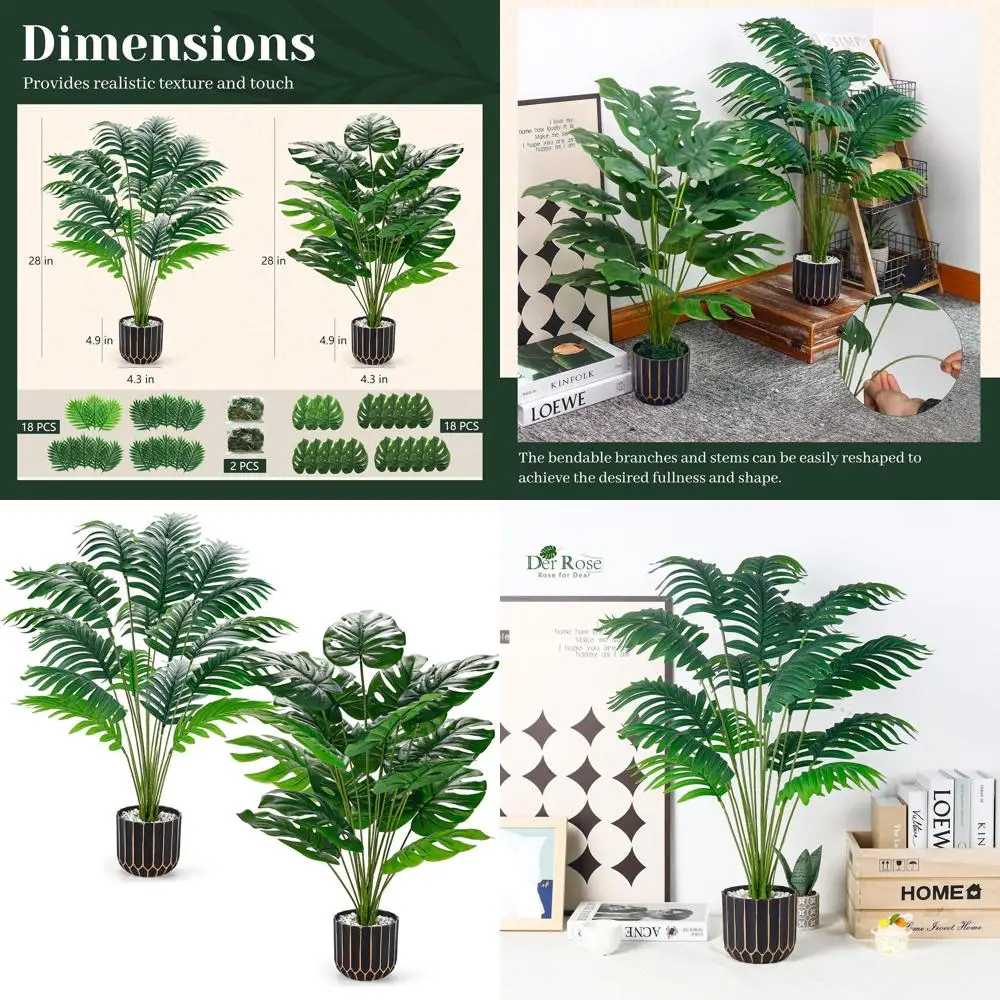 

28 Inch Tall Artificial Palm Tree and Monstera Plants for Indoor and Outdoor Living Spaces
