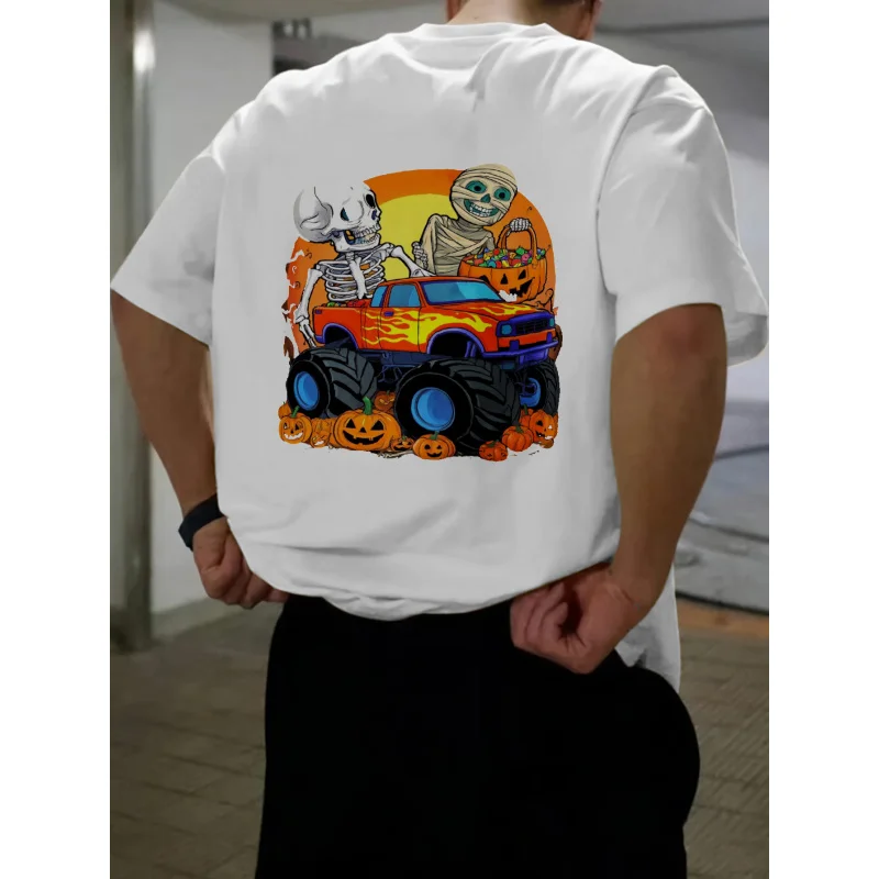 

Men's T-Shirt White Halloween Skeleton Monster Truck Printed Pattern High Quality Cotton 180g