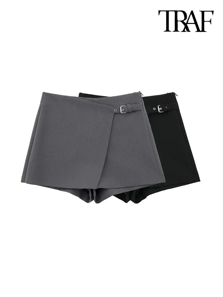 TRAF-Asymmetric Shorts Skirts with Tab for Women, High Waist, Side Zipper, Female Skort, Fashion