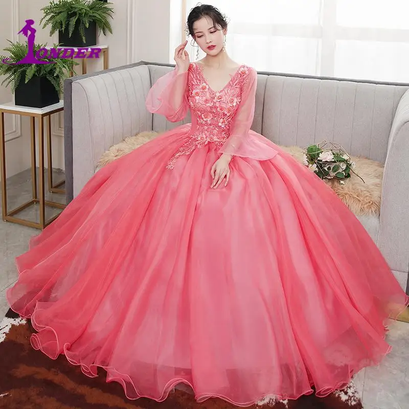 Robe de soirée Quinceanera, col en v, manches longues, luxueuse tenue de bal, avec des Appliques en dentelle, 2022