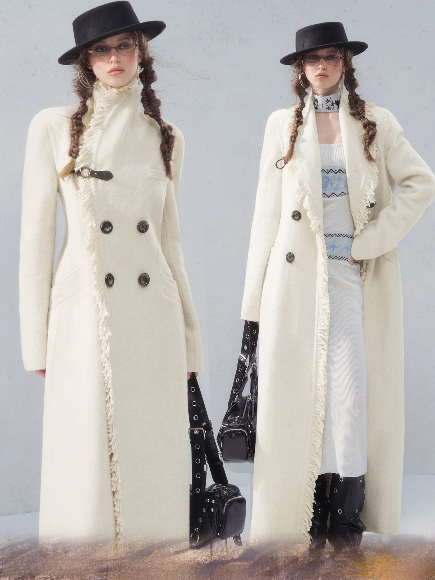 

OfAkiva Silver Pine 60 Woolen Coat Women's Vintage Metal Button Frayed Outerwear Long Sve Slim Fit Winter Jaet