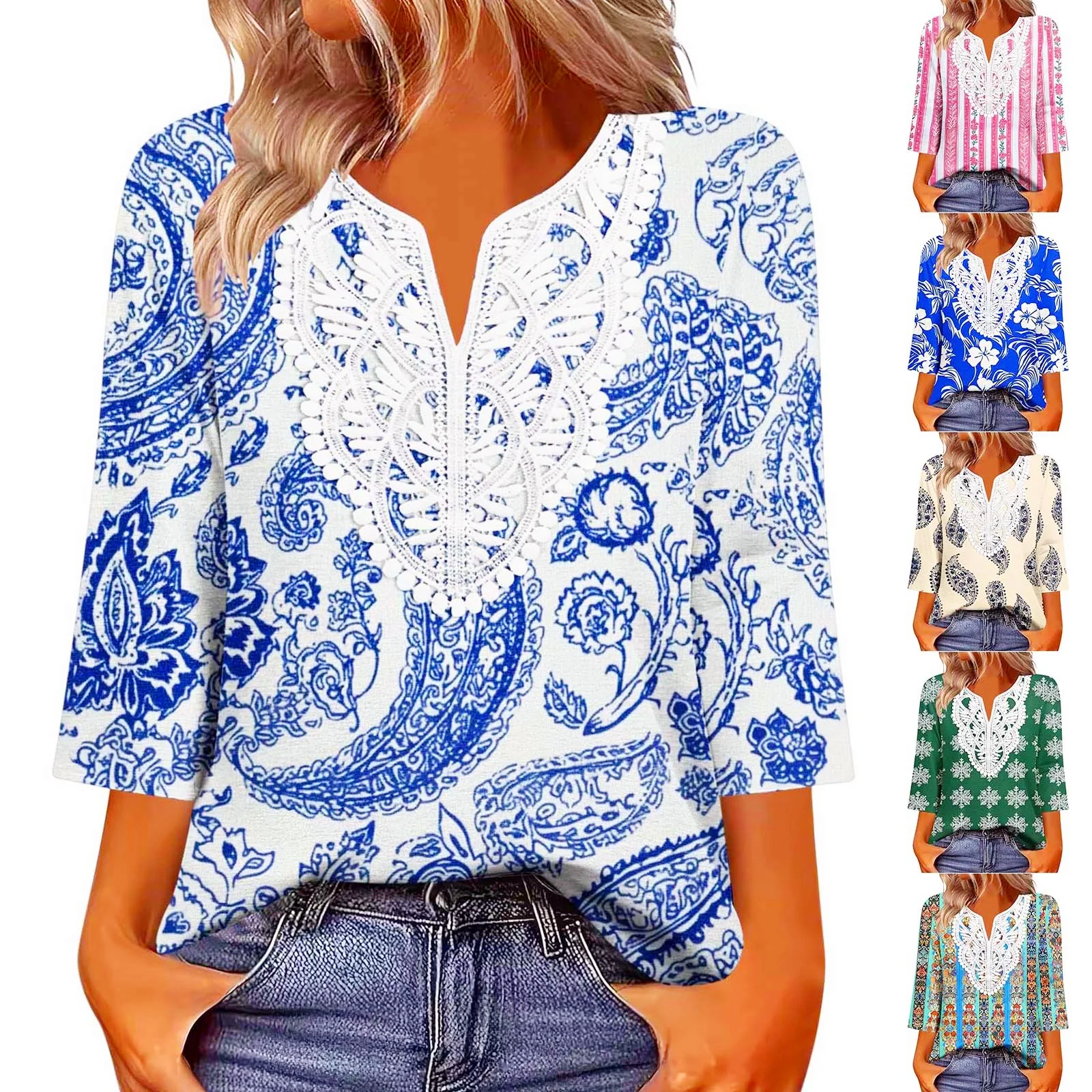 Women Loose Fit T-Shirt V-Neck Lace Panel Print-Embroidered Seven-Fourth Sleeve Sexy Spring and Summer Shirts Top Tops
