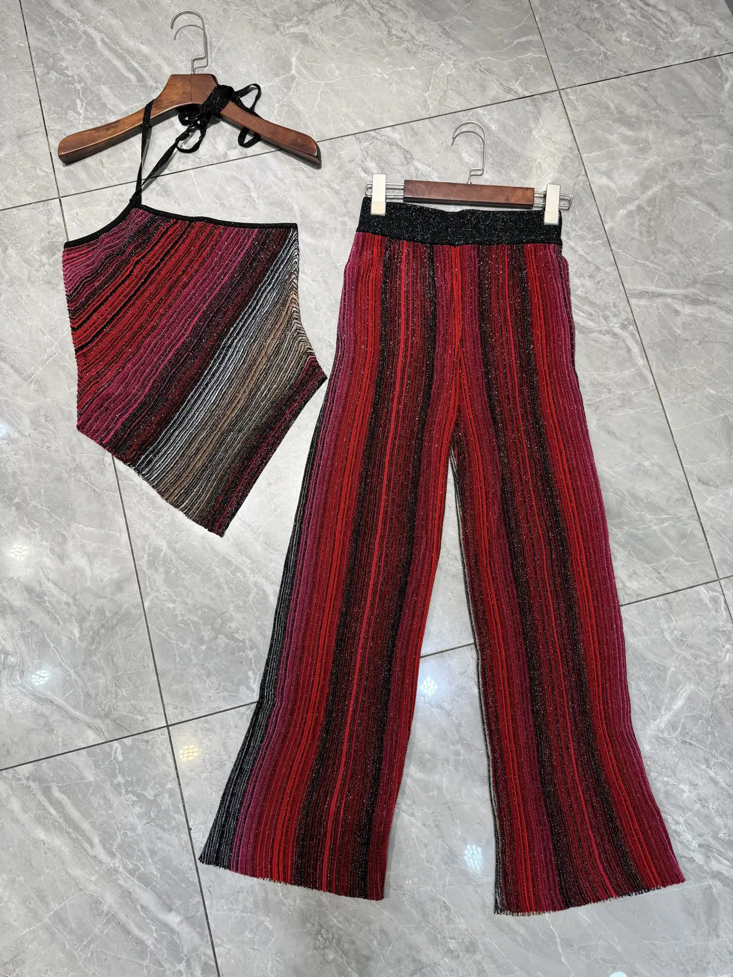 Spring Fashion Party Vintage Silver Wire Knitting Striped Wide Leg Pants Suit Women's One-Shoulder Diagonal Collar Tops+Trousers