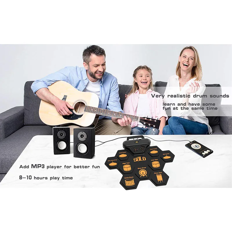 Roll Up Drum Practice Pad Rechargeable Built in Dual 3W Speakers  Electronic Drum Set for Kids