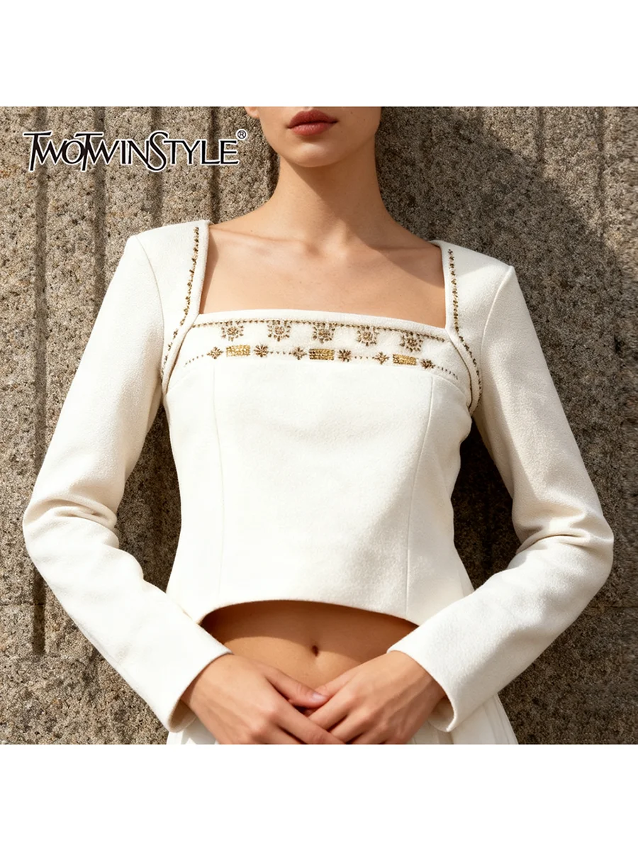 

TWOTWINSTYLE однотонные элегантные куртки с бисером для женщин, короткая куртка на молнии с квадратным вырезом и длинными рукавами в стиле пэчворк, женская новинка