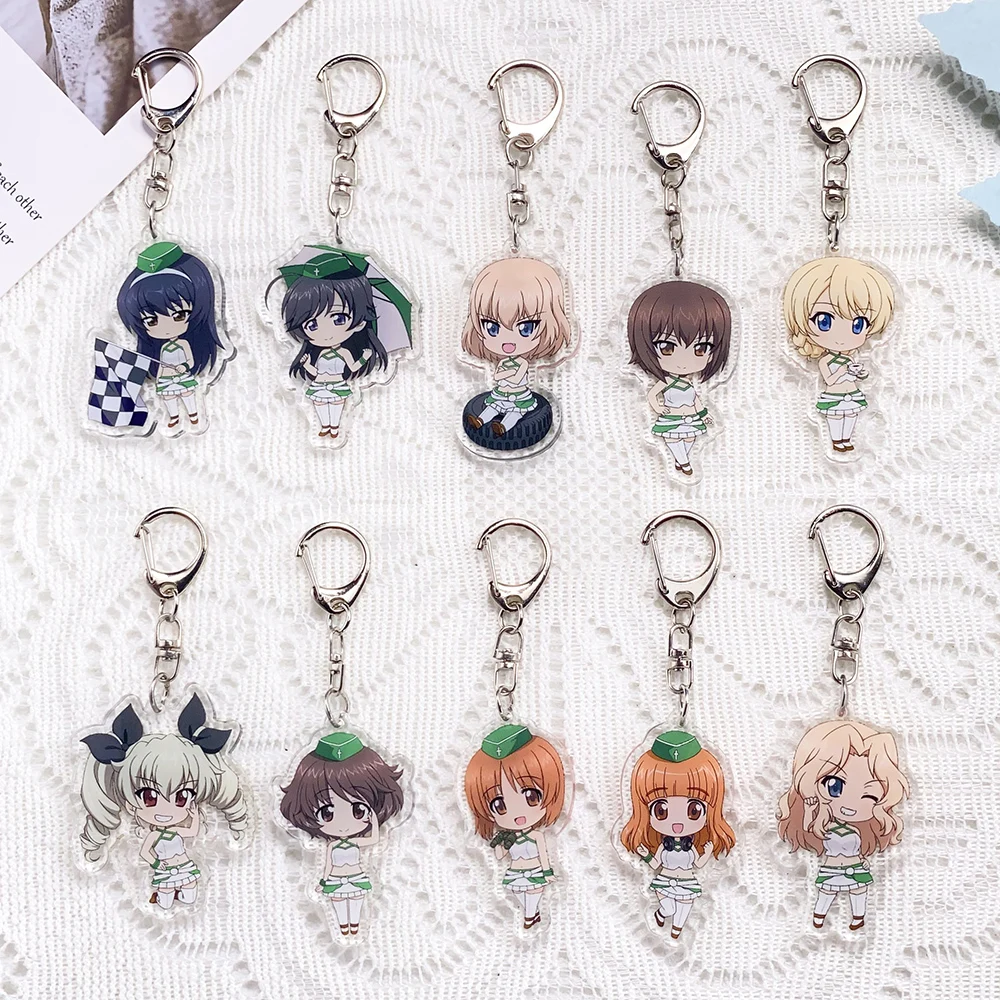 10PCS Anime Characters Girls und Panzer Acrylic Keychain Accessories Keyrings Friends Gifts Bag Charms Cute​ Backpack Pendant 