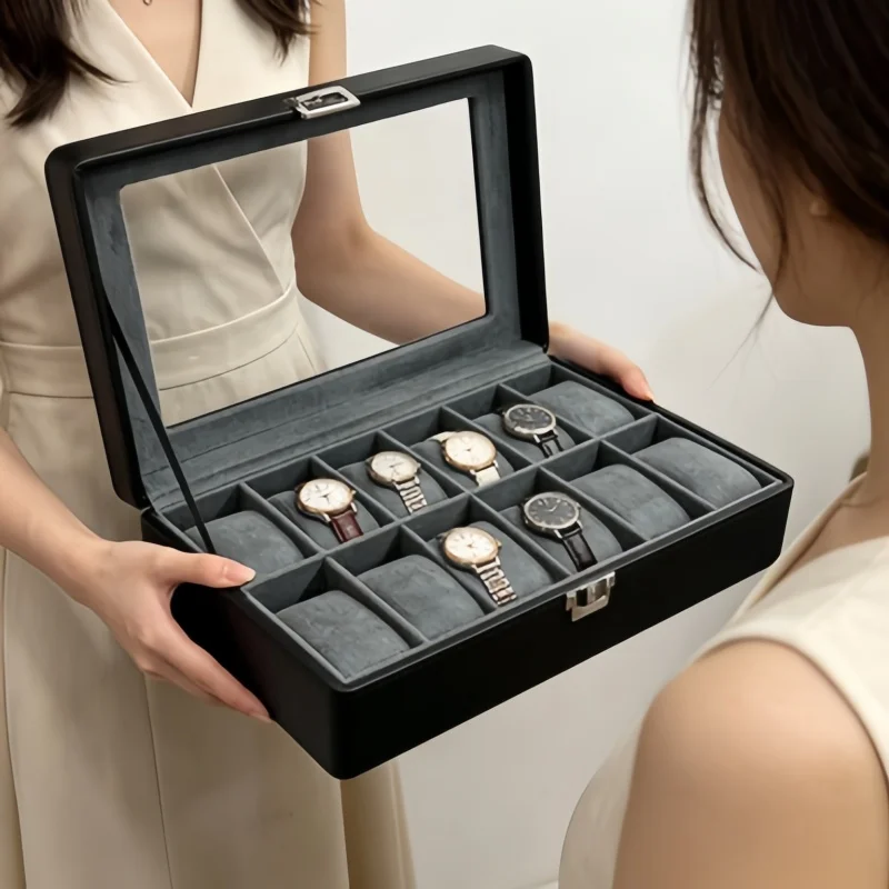 

12 Slot Leather Watch Box 4Pcs Set Lockable Watch Organizer for Men Watch storage box + 3-piece jewelry storage box