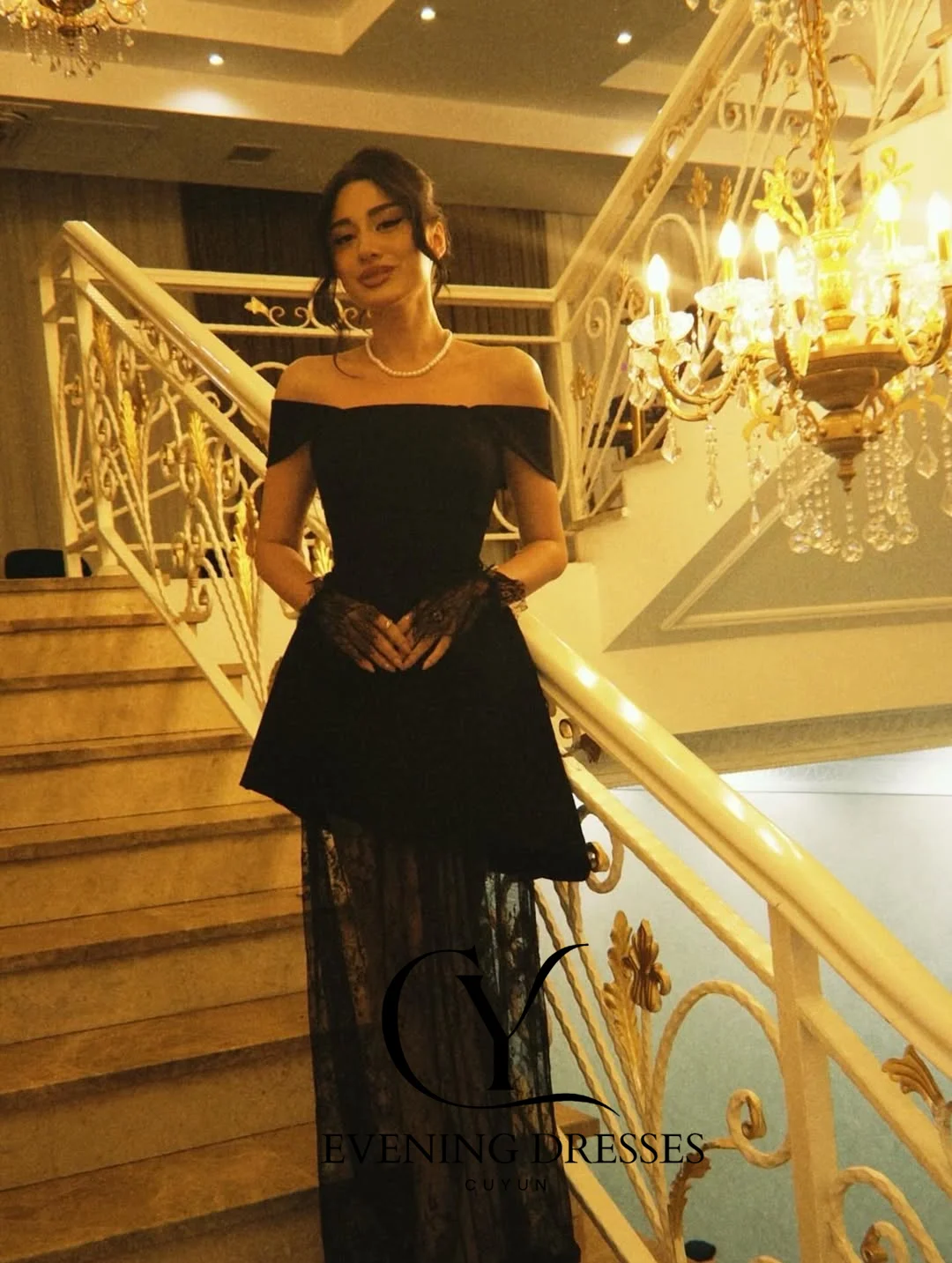 CUYUN Black Elegant Women Prom Dresses Off the Shoulder Patchwork Lace Party Gown Customized A Line Formal Evening Dress Banquet image 2