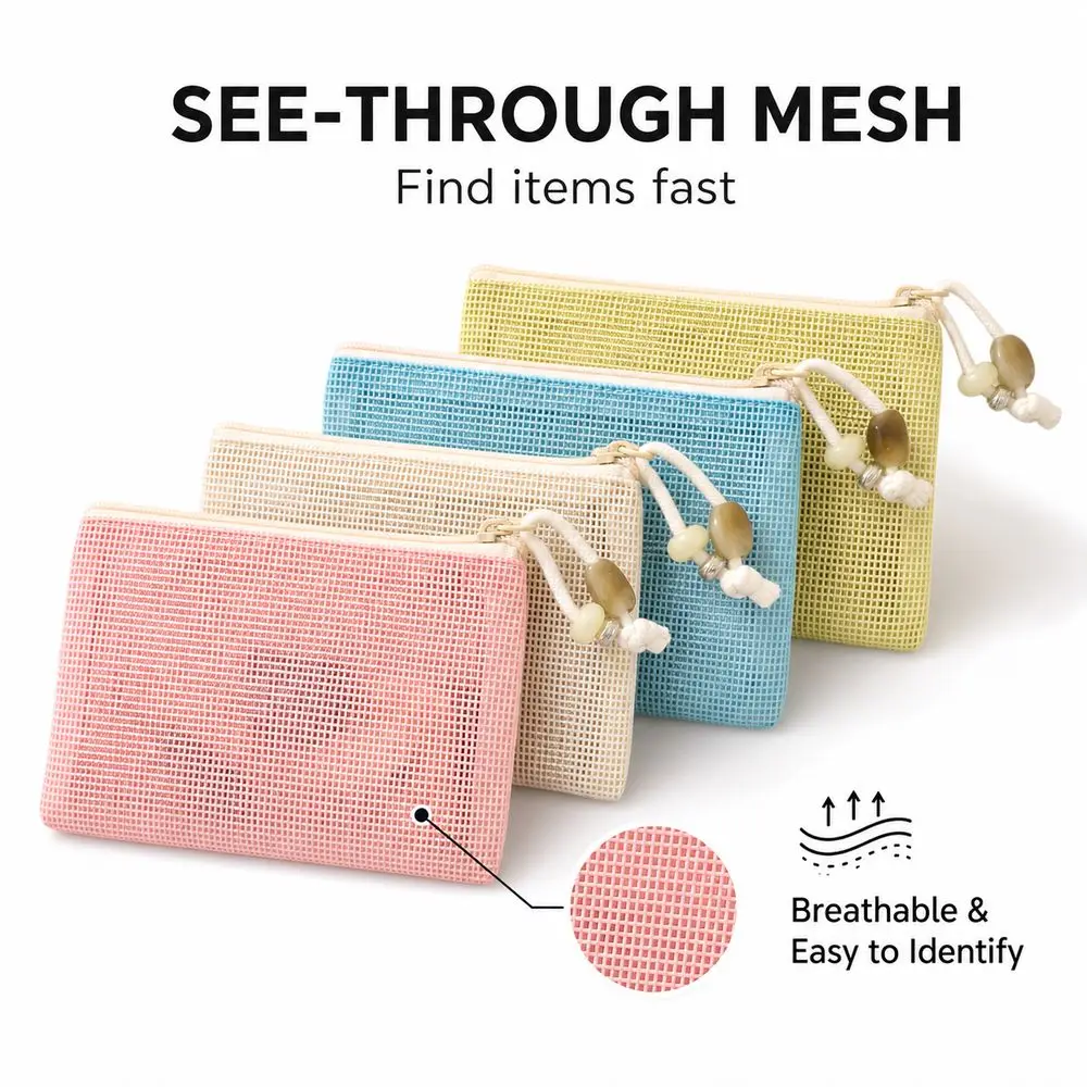 Portable Mesh Cosmetic Bag Zipper Closure Lightweight Toiletry Bag Transparent Large Capacity Makeup Handbag