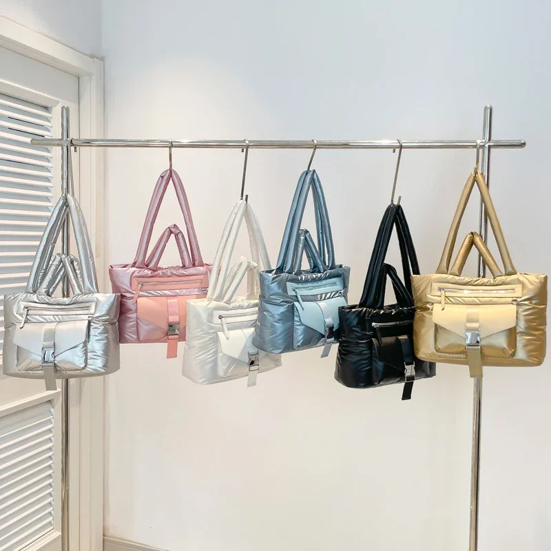 

Luxury Space Padded Cotton Handbag Big Capacity Shoulder Bag Waterproof Nylon Bag Travel Feather Down Tote Gold Silver Bolsas