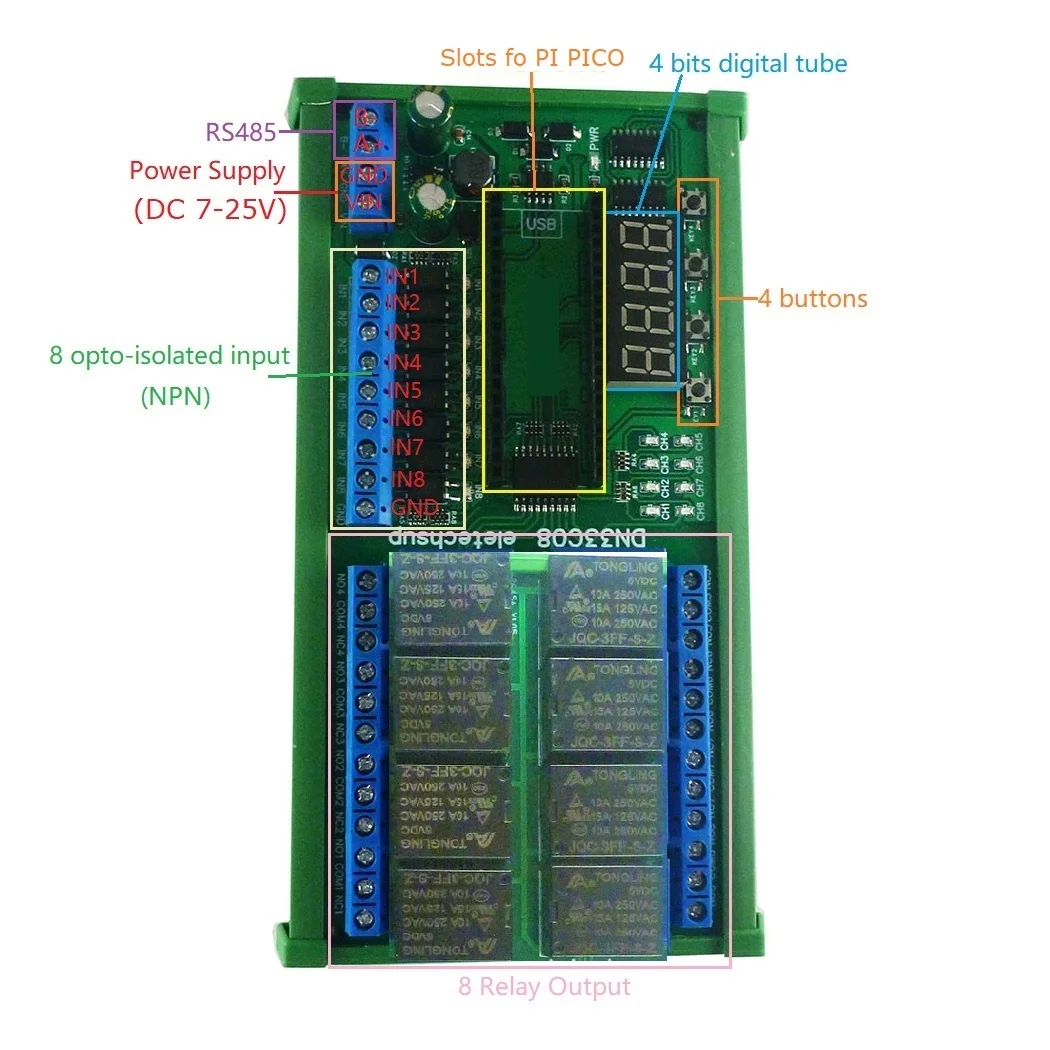 لوحة IO 8Ch Rs485 PLC 5 قطع مع مرحل تأخير متعدد الوظائف لـ Raspberry Pi وPico وPython