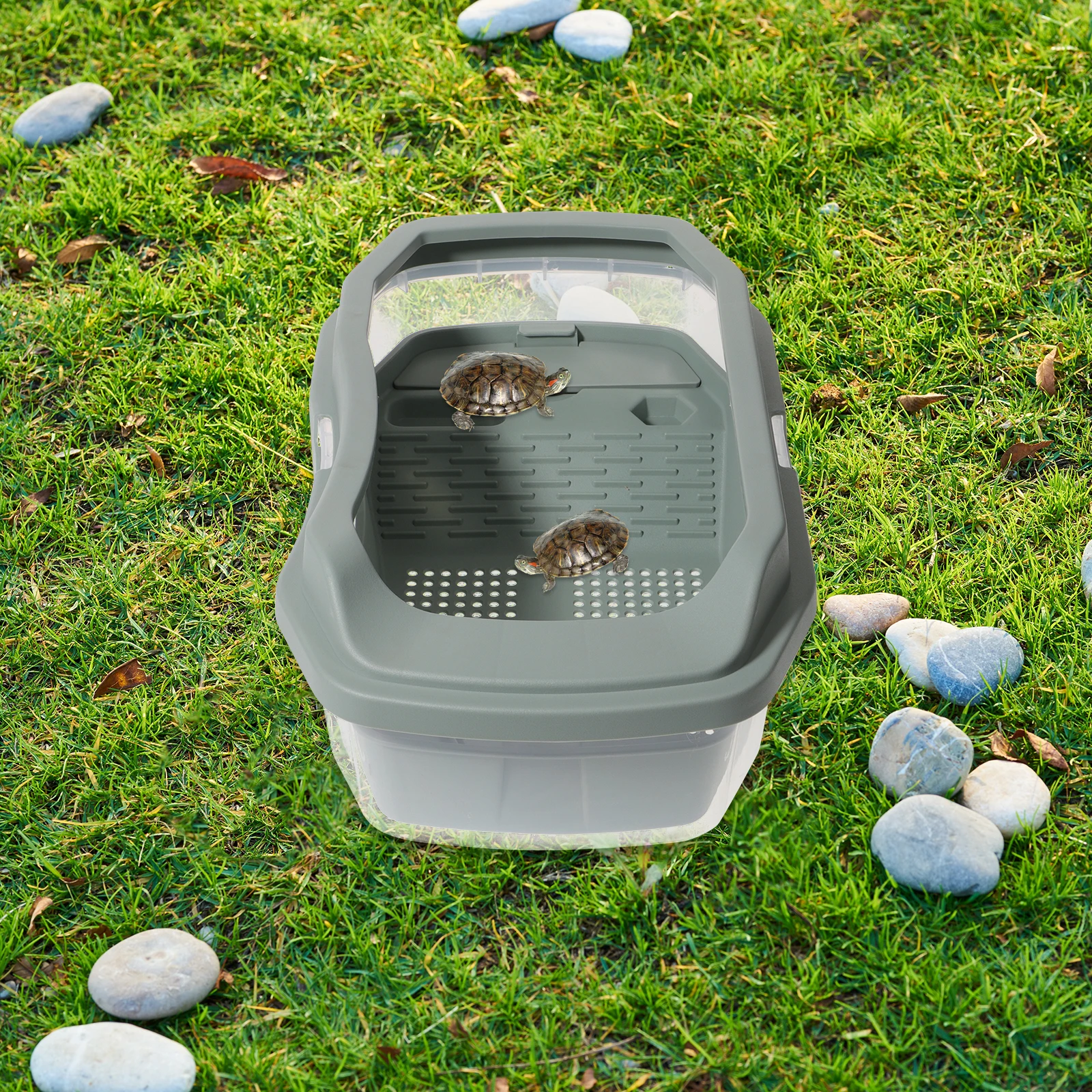 

Creative Turtle Tank Habitat with Ramp Multi-Functional Aquarium for Rest Feeding Hibernation Durable Plastic Tortoise Container