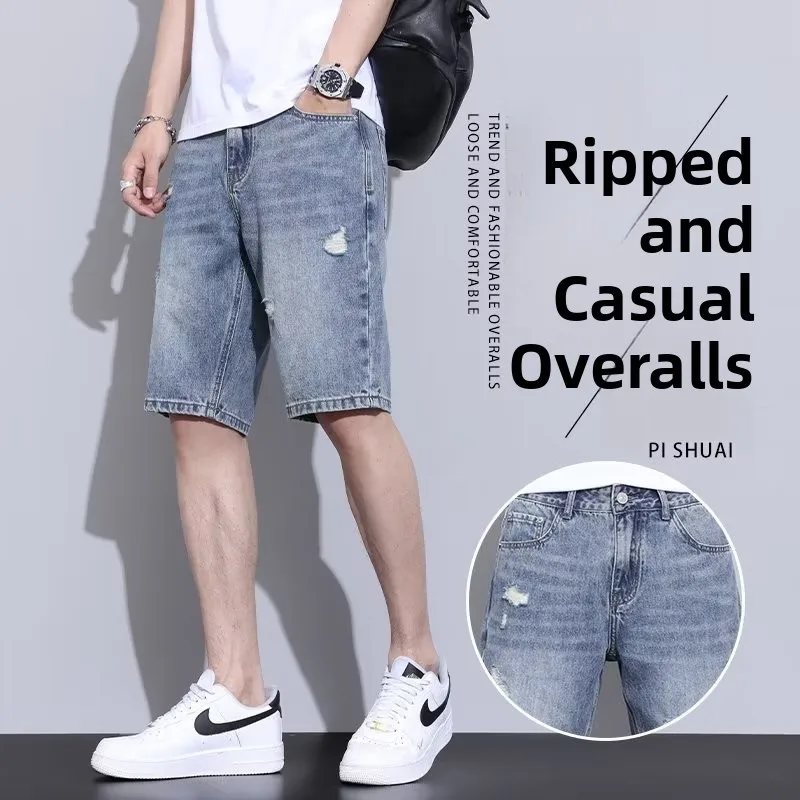 

Men's Casual Cotton Denim Shorts Summer Thin Hole Trendy Brand Leisure Mid-Waist Five-Sixths Pants Straight Leg Loose Fit