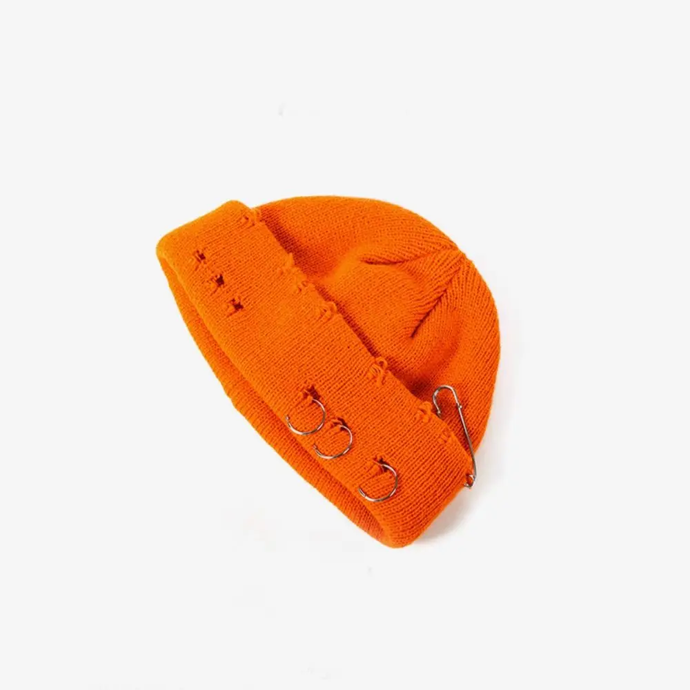 Trendy Autumn Winter Black Beanie Hat Warm Gothic Knitted Elastic Hat Hip-hop Acrylic Ripped Hat Men Women