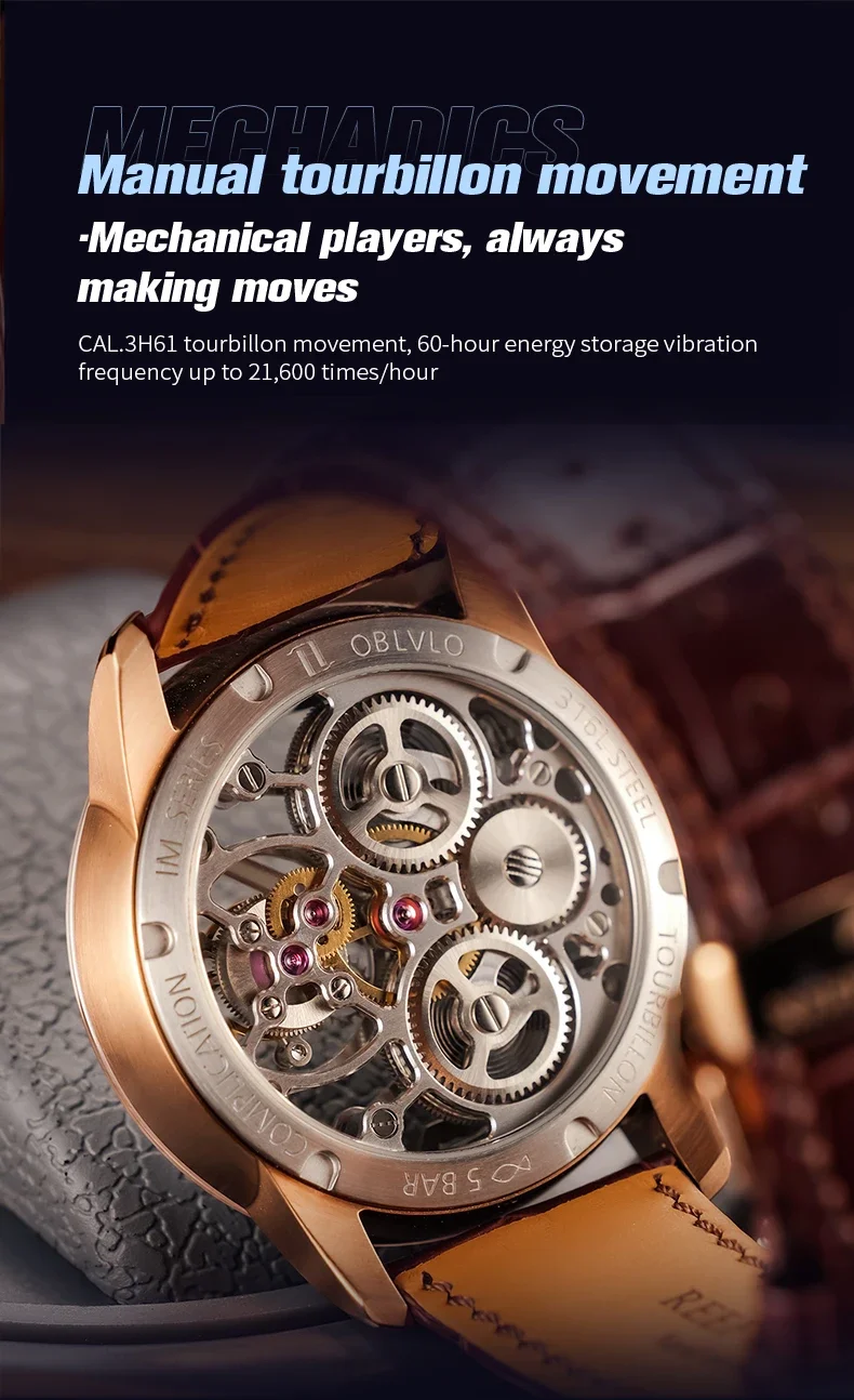 OBLVLO Men Tourbillon Watch 42MM Luxury Mechanical Wristwatch Luminous 5Bar Waterproof Sapphire Hollow Out Dial