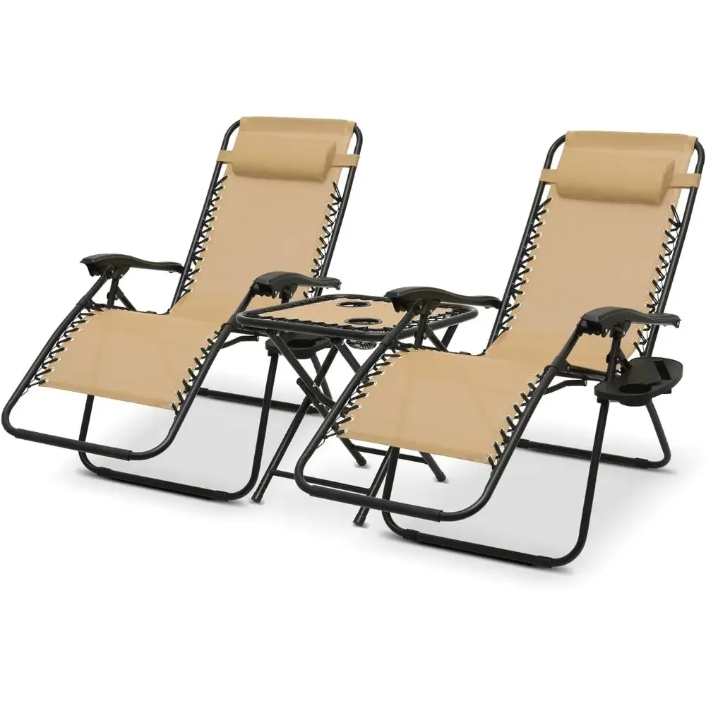 Outdoor Lounge Chair Set of 2 with Side Table, 25 Wide Reclining Lawn Chairs, Pool, Beach, Patio, Backyard, Beige