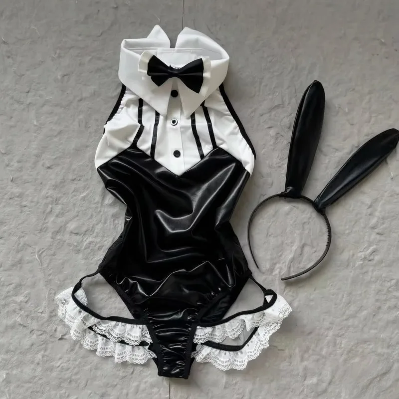Bunny Girl Faux Leather Anime Dress for Geek Girls Sexy Dark Reign Maid Cosplay Costume Leather Leotard Elastic