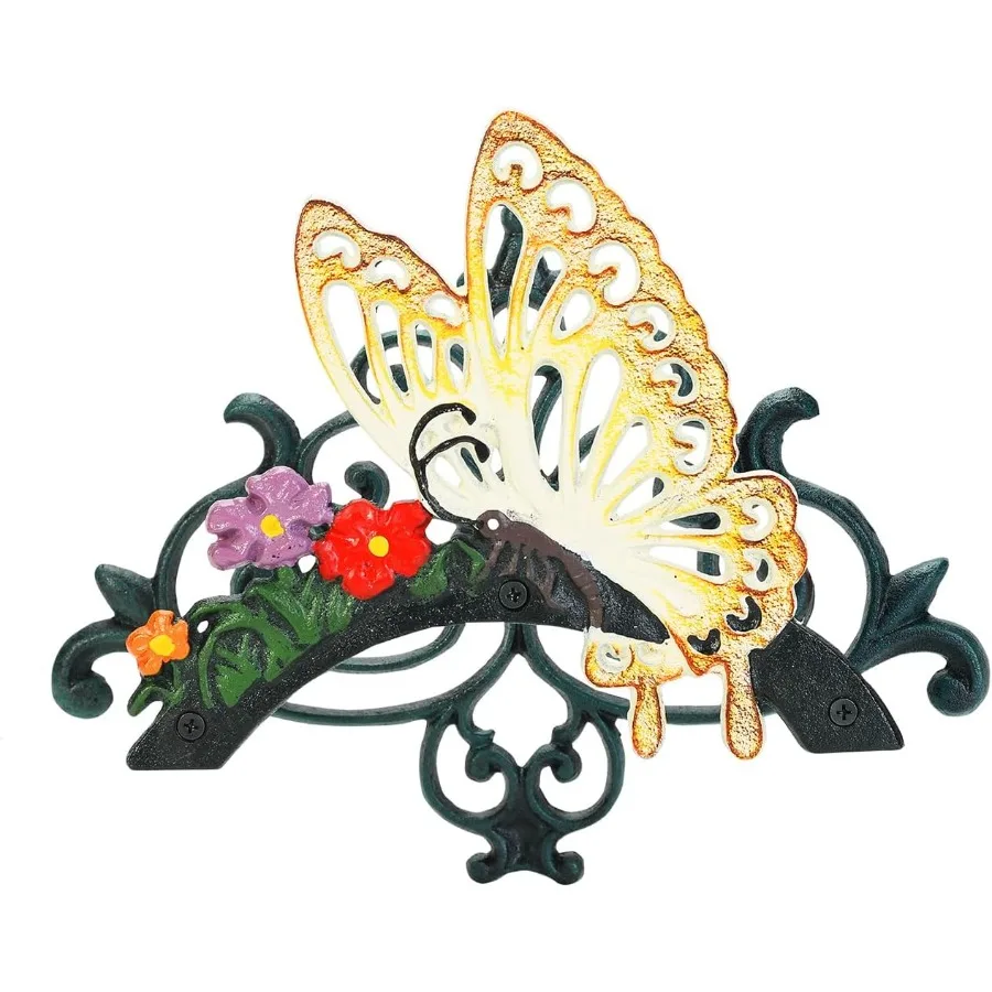 

Heavy duty wall mounted cast iron garden hose holder with decorative butterfly design ideal for outdoor yard organization and w