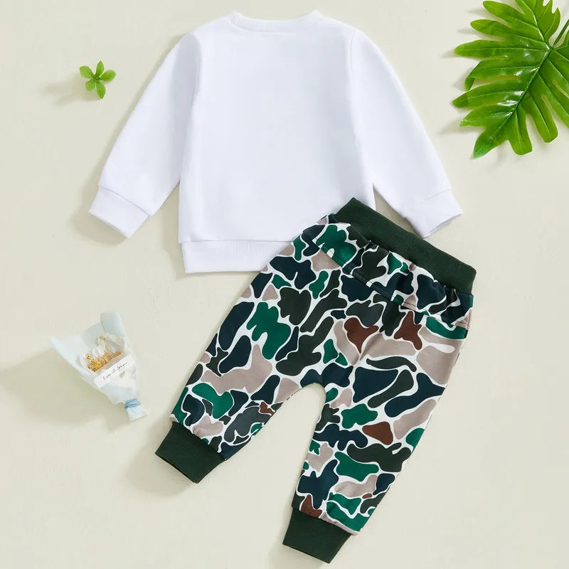 RUEWEY 0 to 3 Years Baby Boy Pant Sets Spring Autumn Clothes Letter Long Sleeve Sweatshirt and Elastic Camouflage Pants