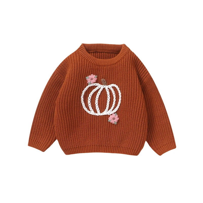 

Вязаный свитер для маленьких детей, для девочек и мальчиков, пуловер в виде тыквы на Хэллоуин, трикотажная одежда с круглым вырезом