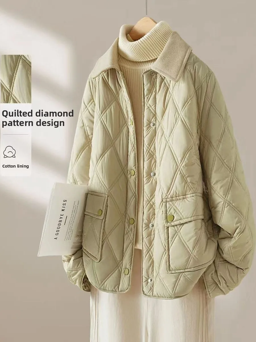Loose Fit Thiened Cotton Jaet Women's Winter Faionable Warm Quilted Coat Turn-down Collar Diamond Patterned Outerwear