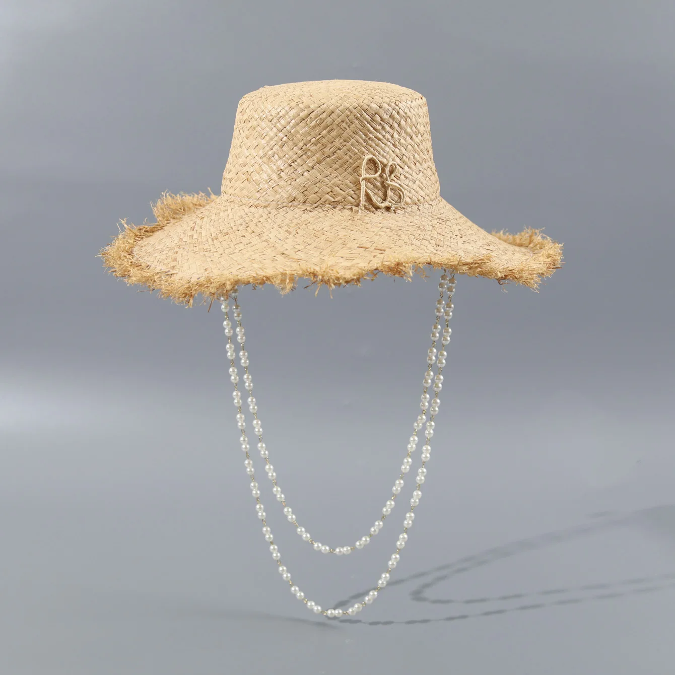 RB Embroidered Rafia Straw Hat with Pearl Chain, Wide Brim Beach Sun Cap