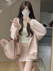 2024 Spring Elegant Tracksuis Women Outwear Hooded Sweatshirt + Mini Skirts 2 Piece Dress Set Outwear Pink Sport Set Y2k Korean