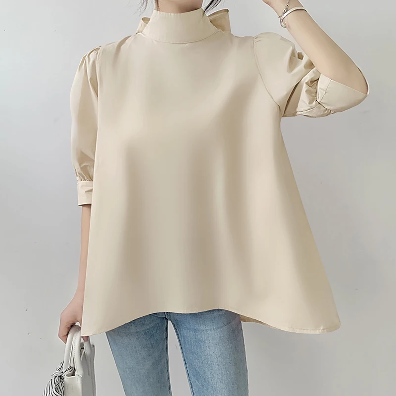 Chic Korean Puff Short Sleeve Bow Blouse Women Spring Summer Solid Color Shirt Vintage Loose Cute Tops