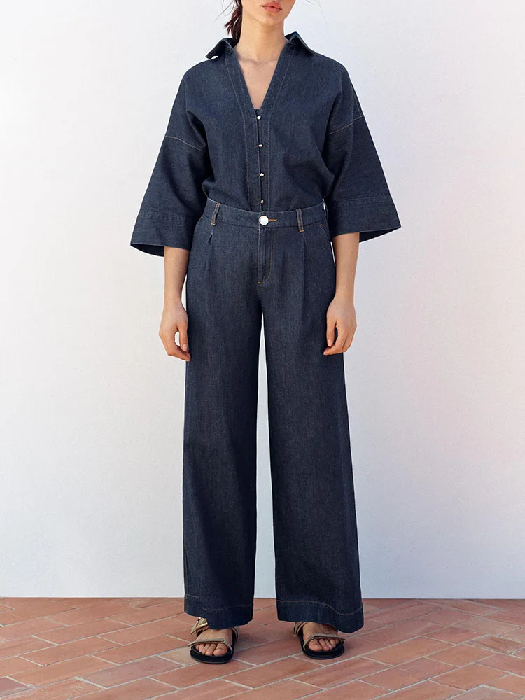 Spring New Arrival Women's Denim Shirt Casual Pleated Pants Fashion Set Long Sleeve Button up Style 2025 Seasonal Collection