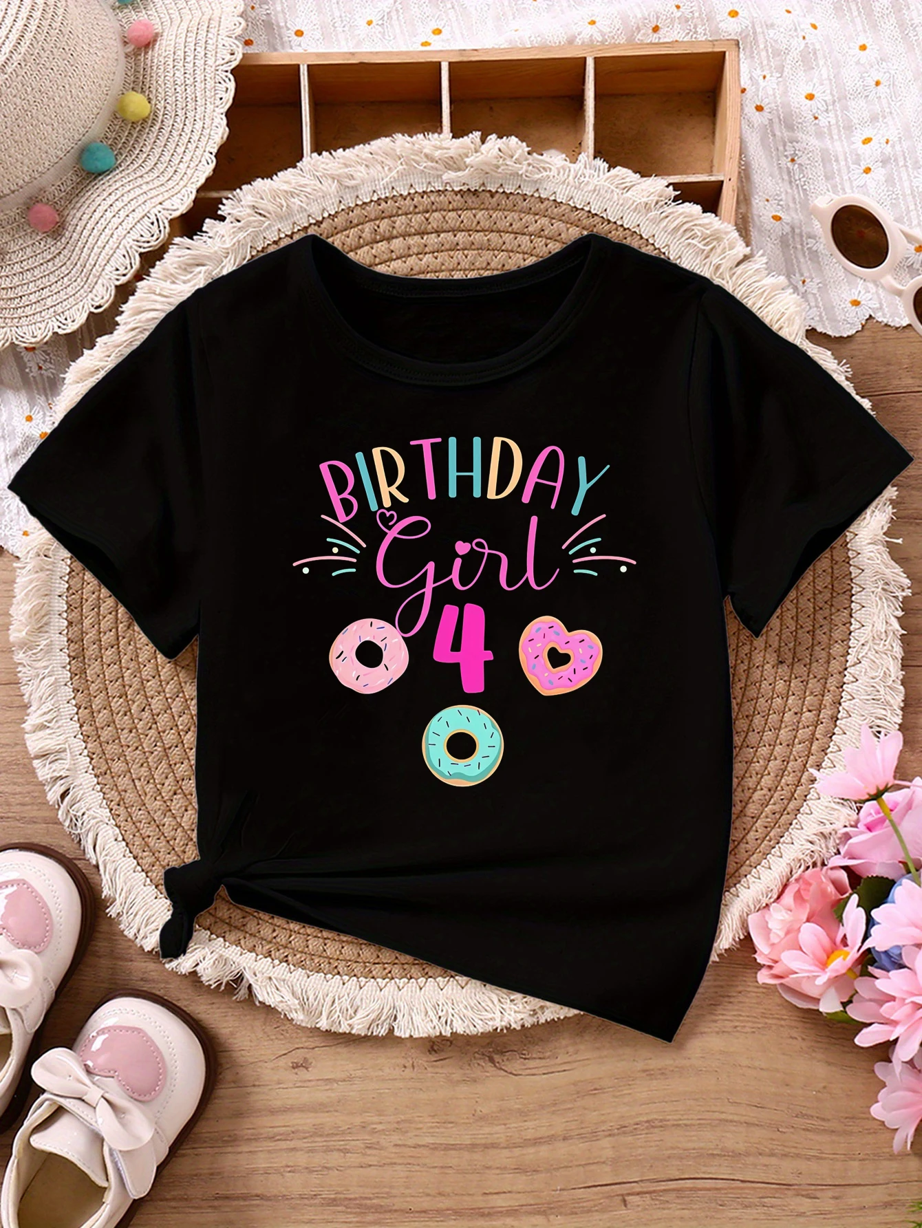 Colorful 4th Birthday Girl Donuts Printed T Shirt Girls The Best Birthday Gift T-Shirt Summer Short Sleeve T-Shirt