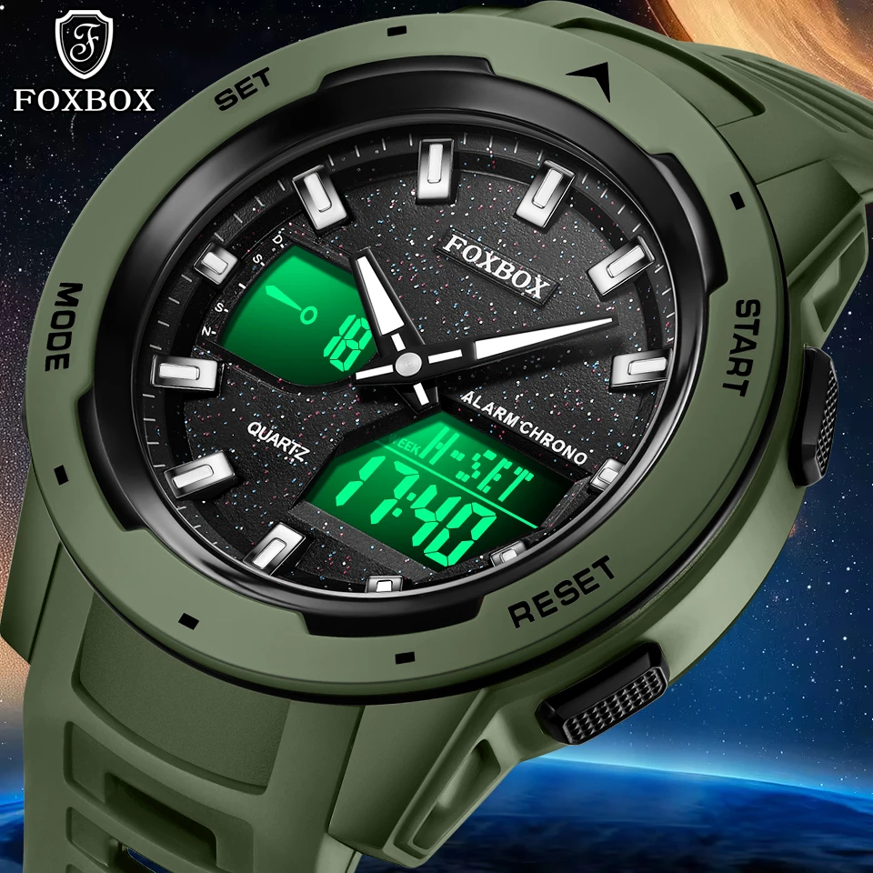 FOXBOX New Men Watch Fashion Military Alarm Stopwatch LED Digital Backlight Dual Time Display Waterproof Watch Men Montre Homme