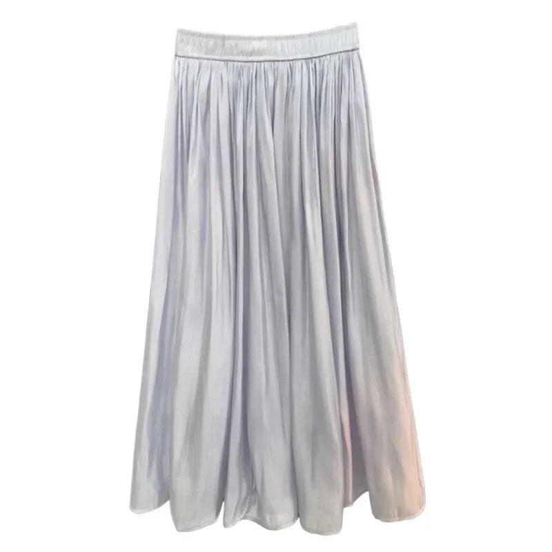 2024 New Casual Women's Pleated Skirts Fashion High Waist Long with Elastic Belt Solid Color Gloss Chiffon French Pleated Skirt