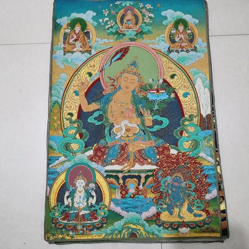 Tibet Tibetan Cloth Silk Blue five buddha manjushri bodhisattva Thangka Tangka Embroidery Painting Embroidery Hanging Pictures