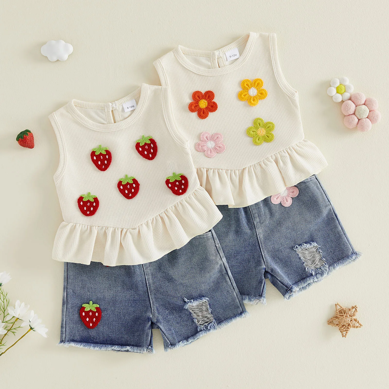 1-4Y Baby Girls Summer Outfits Floral/Strawberry Patch Tank Tops Ripped Denim Shorts Set Fashion Cute Girls Clothes Set