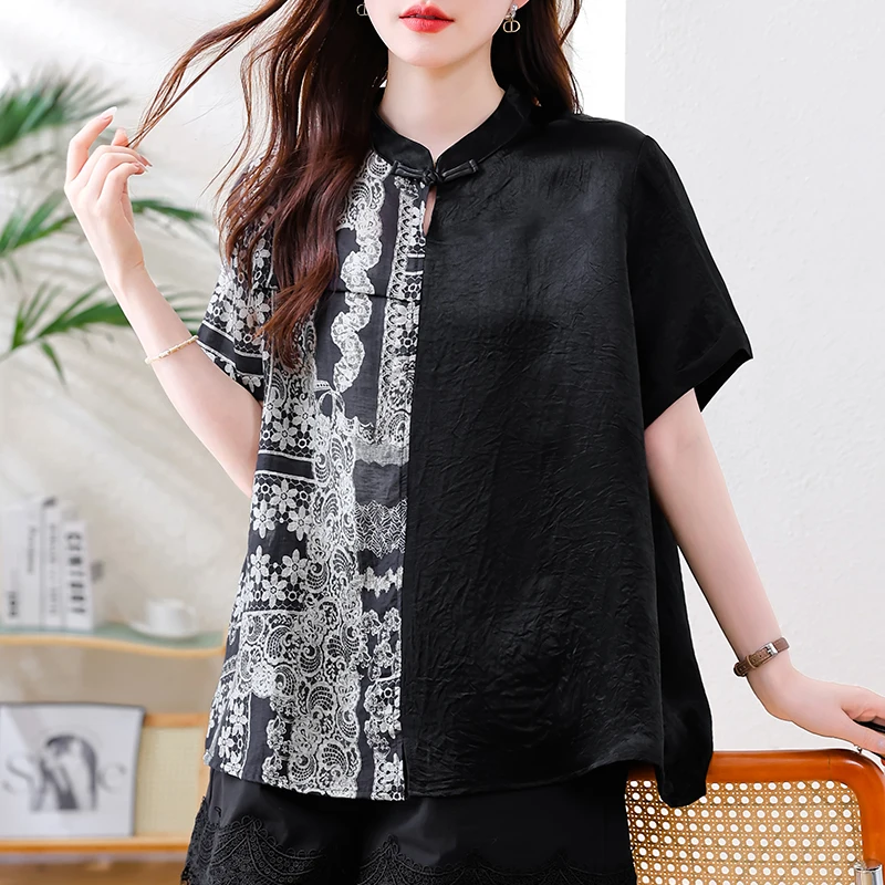 ゆったりとした夏用薄手の襟付きスタンドカラー、女性用カジュアルなゆったりシフォンブラウス、ボタン付きプリント柄、大きいサイズ