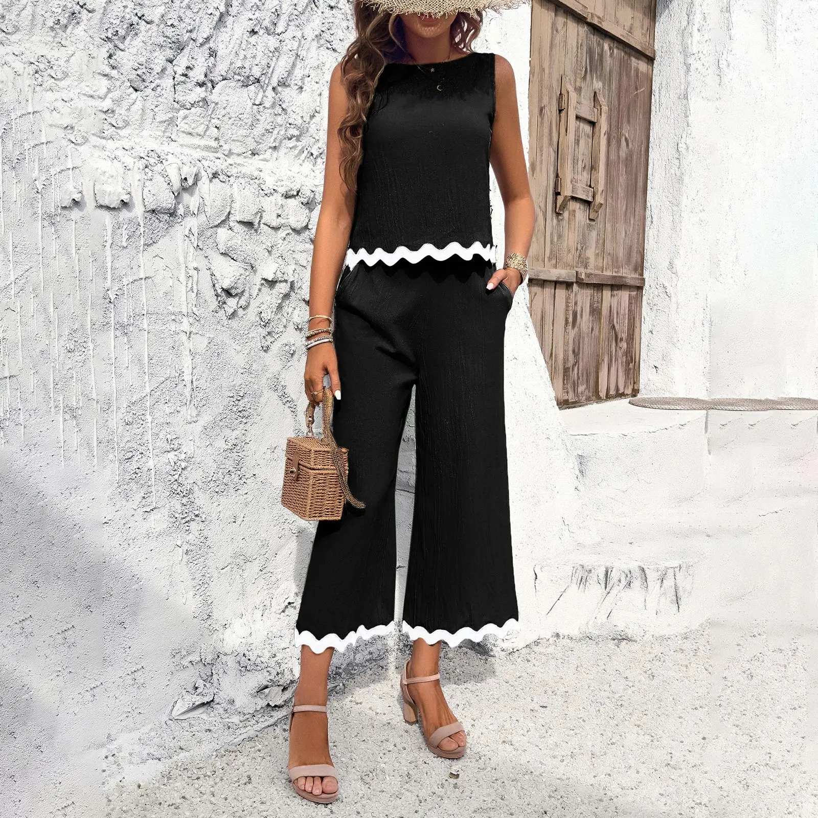 

Women Summer 2 Piece Suit Fashion Casual Sleeveless Cropped Top + Cropped Wide Leg Pants Suit 2024 Office New Women's Sets