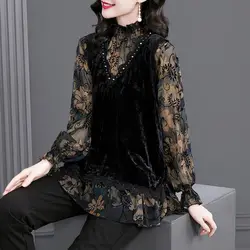 Blusa Vintage de encaje de hongos comestibles para mujer, blusa medio cuello alto de gasa de terciopelo con manga acampanada Floral empalmada, dos piezas rectas falsas