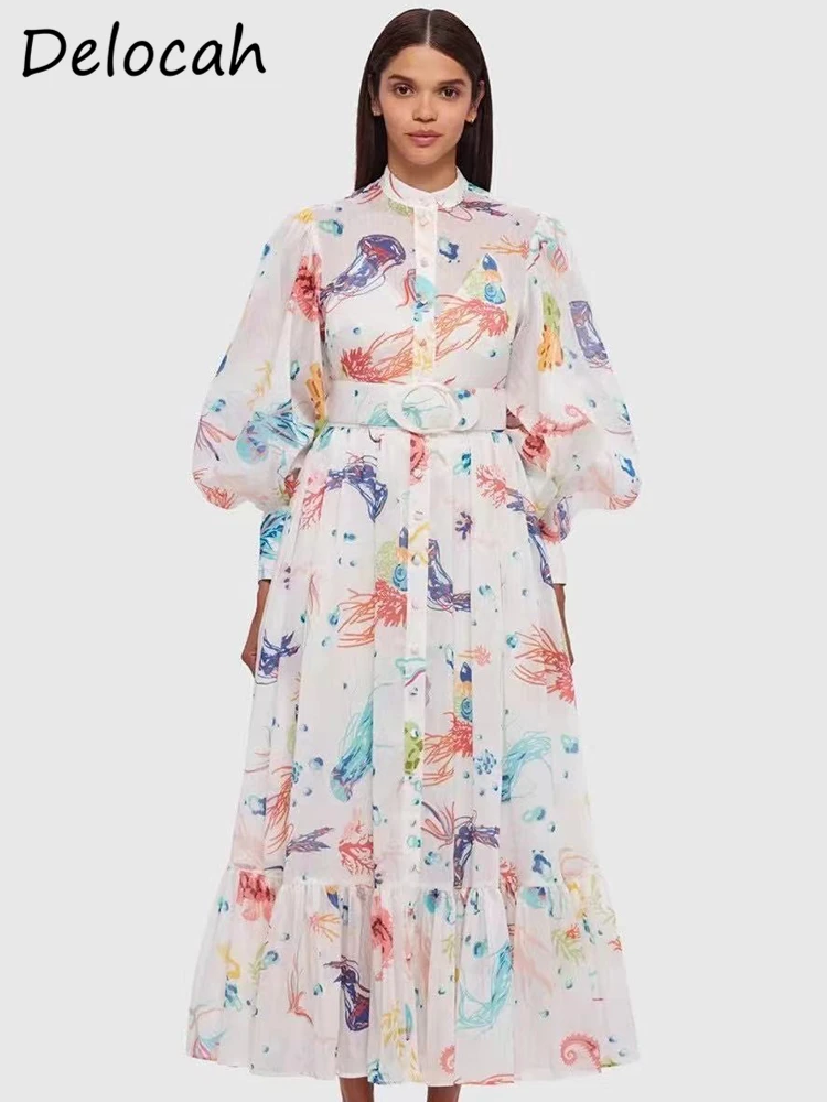 

Delocah High Quality Summer Women Fashion Runway Party Long Dress Lantern Sleeve Belt Multicolor Printed Shirts Style Dresses