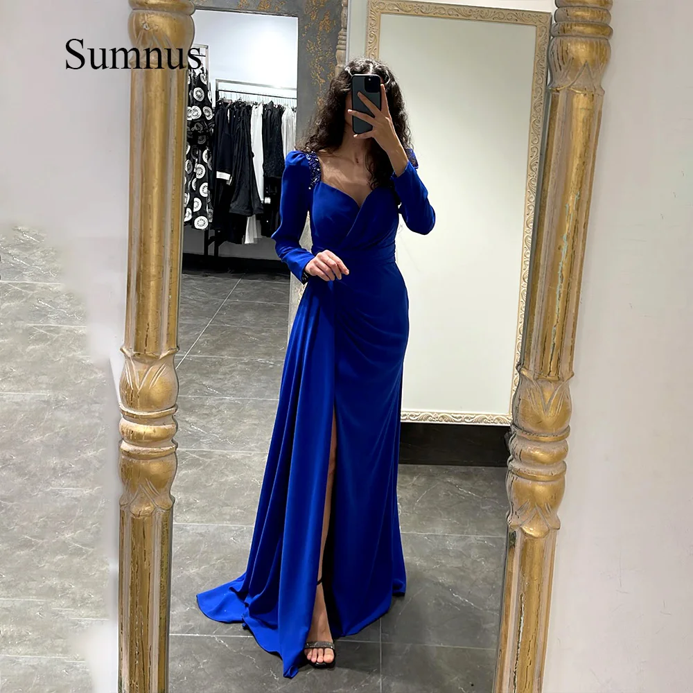 

Sumnus Royal Blue Mermaid Evening Dresses Long Sleeve Beads Spandex Side Slit Saudi Arabic Evening Party Dress Long Formal Gowns