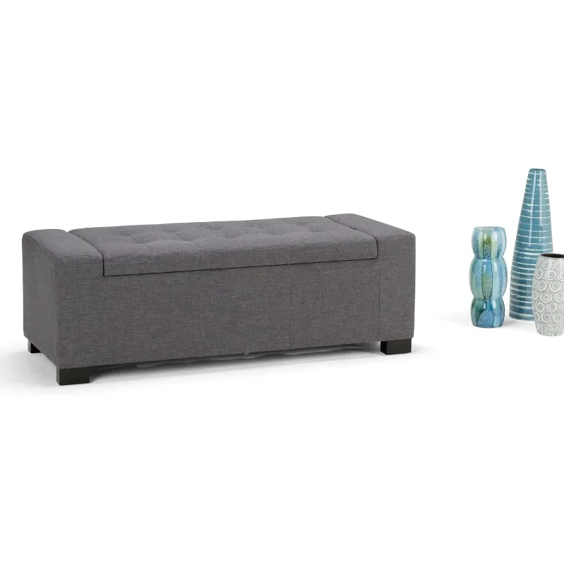 51 inch Wide Rectangle Lift Top Storage Ottoman in Upholstered Slate Grey Tufted Linen Look Fabric with Large Storage Space