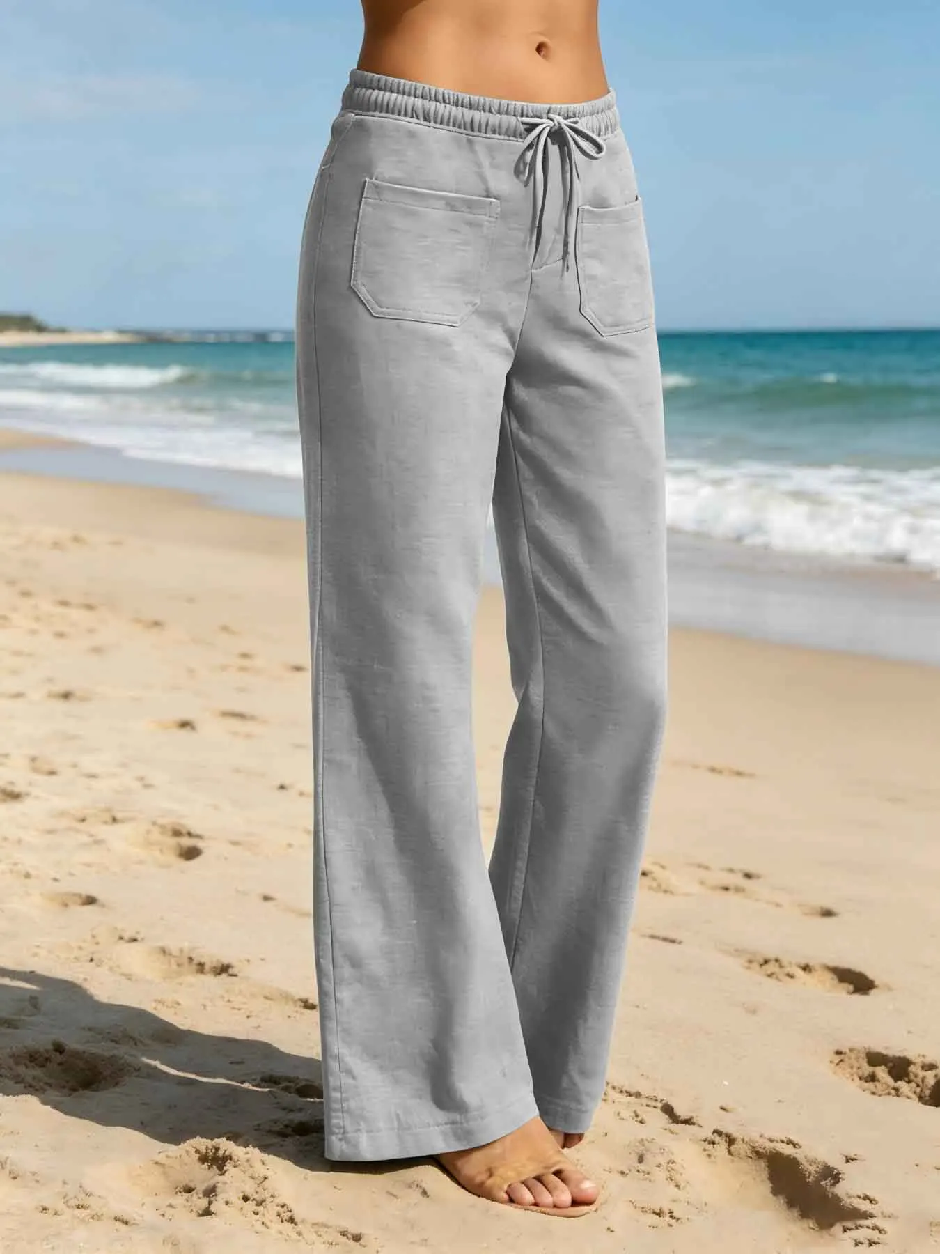 2026 Summer New Solid Color Versatile Double Pocket Drawstring Women's Casual Straight Long Pants