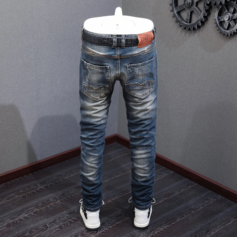 Y2K new men's retro blue jeans, washed with water, nostalgic stretch, slim fit, embroidered jeans, Italian designer high