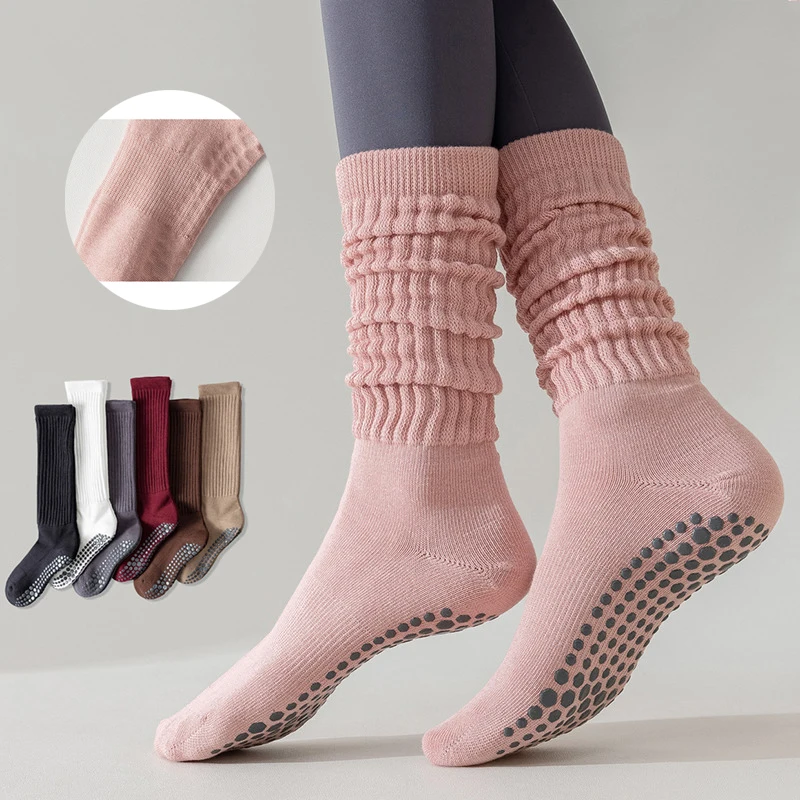 1 Paar Yoga-Socken aus Baumwolle mit Punktmuster und Silikon-Frottee, rutschfeste Damen-Pilates-Socken mit Grip, kniehoch, lange Socken