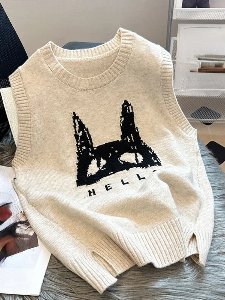 Lazy Style Pullover ärmellose Cartoon Jacquard Gabel ärmellose Kontrast farbe Pullover Weste lässig lose 2024 Frauen kleidung