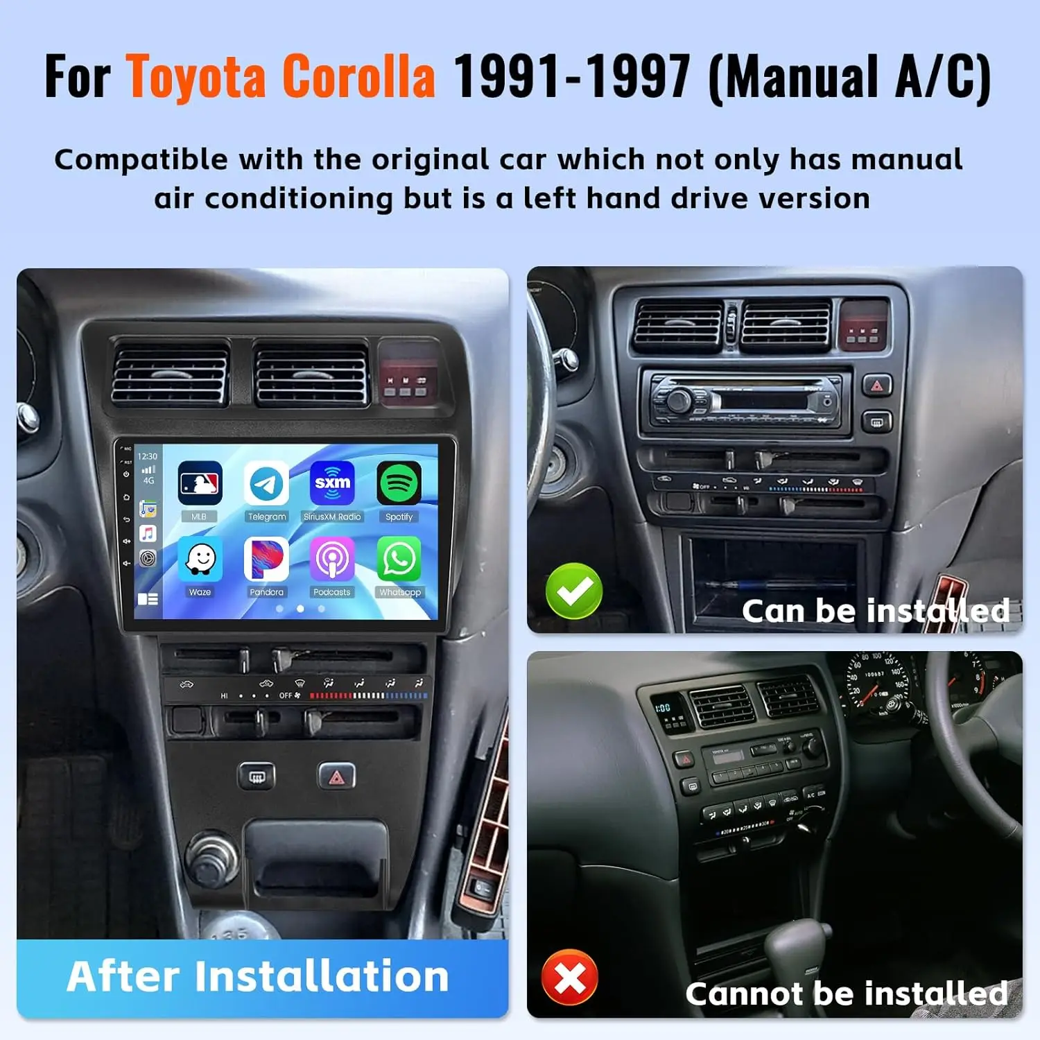 

9Inch Car Stereo Radio Android 13 Carplay GPS WIFI Cam Compatible for 1991-1997 Toyota Corolla LHD Manual AC