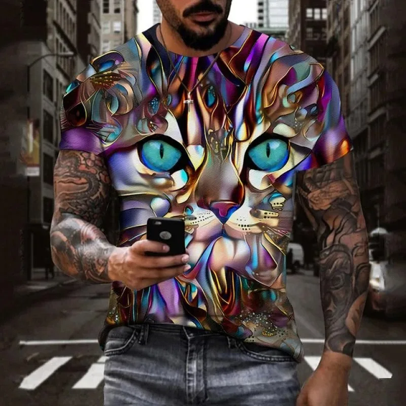 2025年ファッション 3Dアニマルプリント 猫柄Tシャツ 夏ファッション 半袖 クール メンズ カジュアル ストリートウェア ヒップホップ
