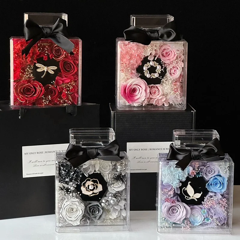 

TC Eternal Flower Luxury Mothers Day Gifts for Mom Valentines Gift for Women Acrylic Perfume Bottle Preserved Roses With Jewelry