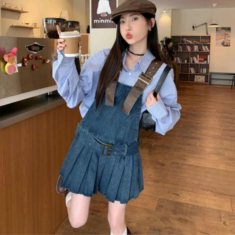 Vintage Halter Denim Dress Suit Korean Women Lapel Long-sleeved Shirt Tops with Mini Y2K High Waist Camisole Pleated Dress Set